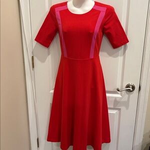 Boden Red Emily Ponte Fit & Flare Midi Dress with Pink Insets Size 4R